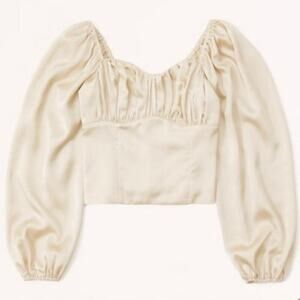 Abercrombie & Fitch Puff Sleeve Ruched Satin Crop Top Champagne XS NWT